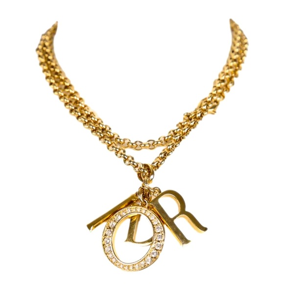 DIOR GOLD LOGO RHINESTONE CHARM NECKLACE 20” - Picture 1 of 4
